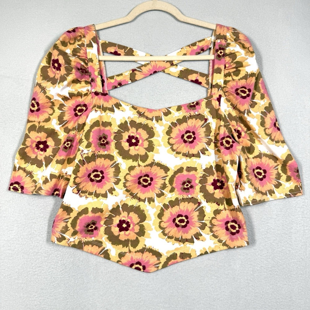 Free People Top Womens XL‎ Give Me More Floral Crop Puff Sleeve Square Neck